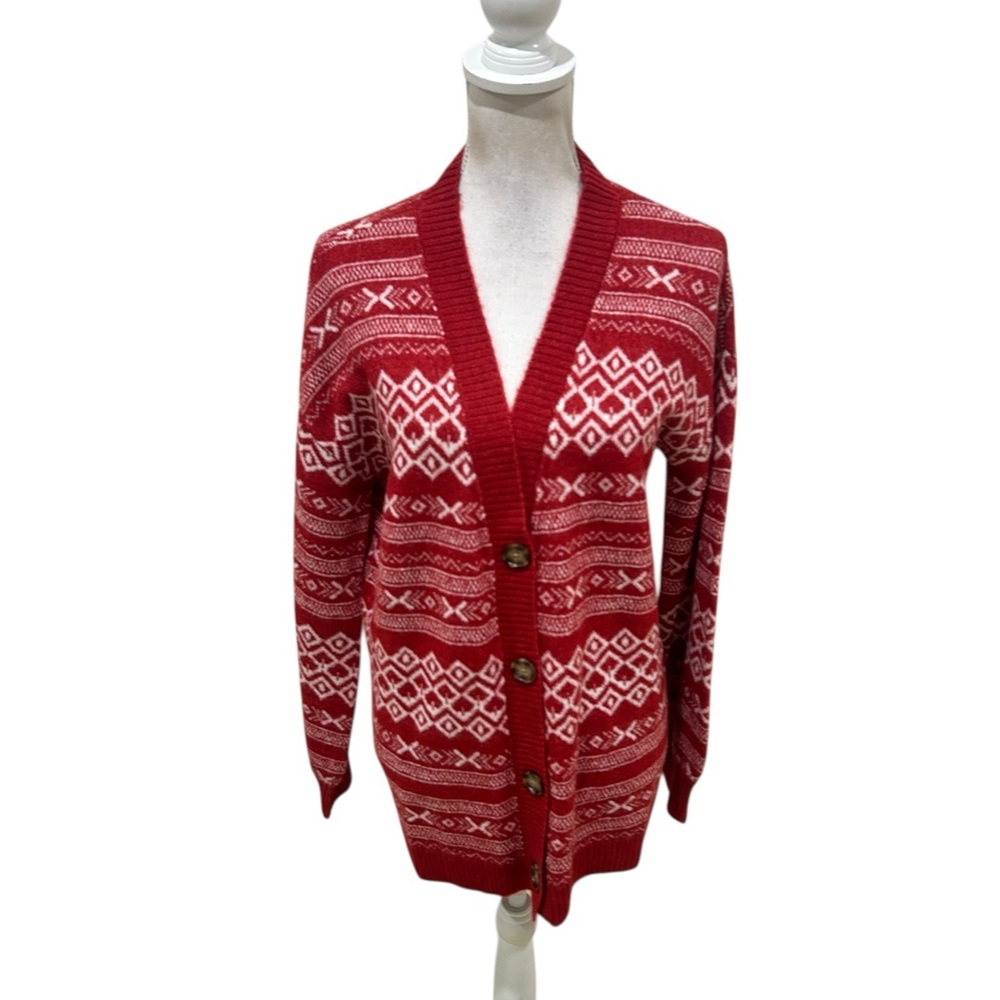 LOFT Red & White nordic print Knit cardigan longline Sweater size medium